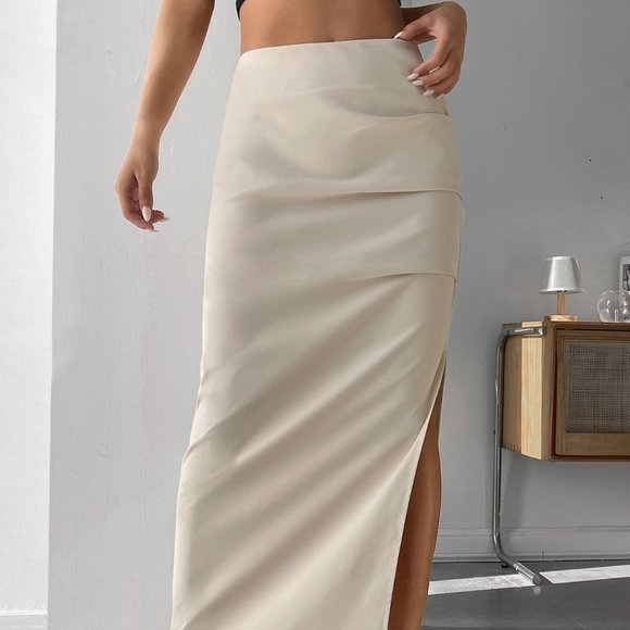 Beige Preppy Womens old Pleated Split Thigh Skirt - Picture 5 of 5